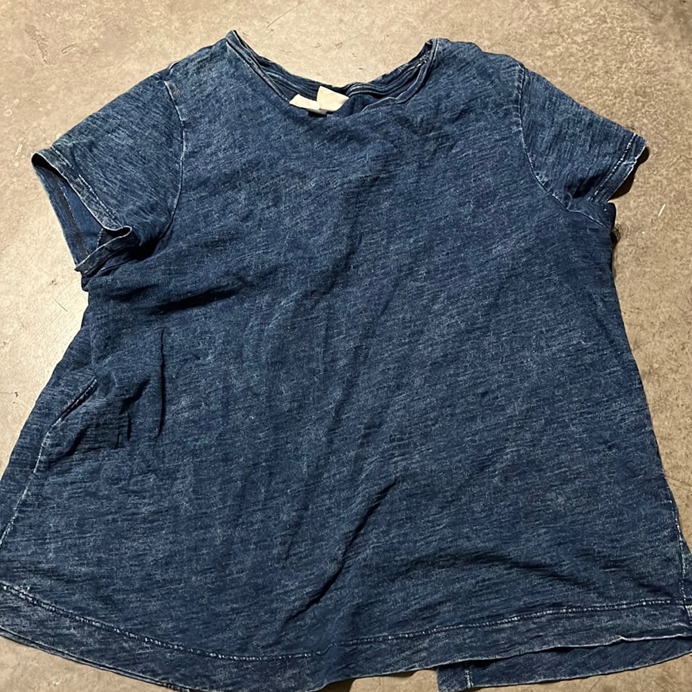 Distressed mock denim top with open back